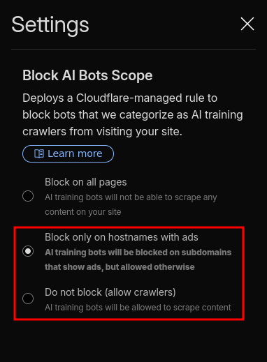 Disable block AI bots scope