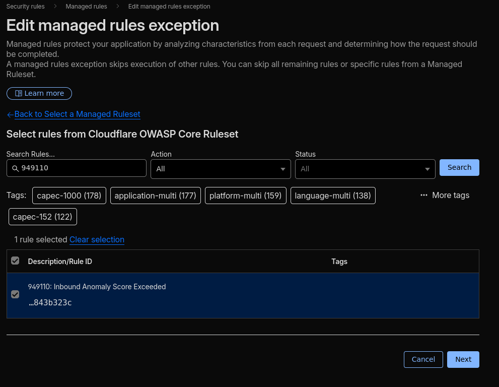Choose managed rule exceptions